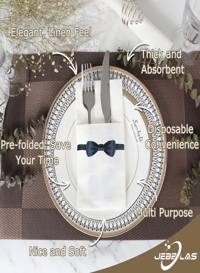 JEBBLAS Disposable Cloth Like Napkins, Built-in Flatware Pocket, Wedding Party Linen Feel White Napkin, Prefolded for Silverware, Bowtie Print 50 Count - Image 2